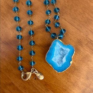 Blue Agate Pendant Necklace With Teal Beads and Gold Chain Accent